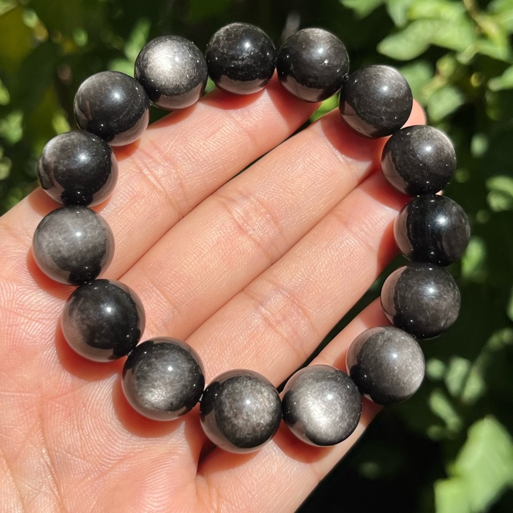 14mms stretchable‎ high quality silver obsidian bracelet